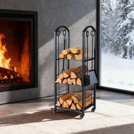 Support à Bûches Roulant à 3 Niveaux Porte-Bûches Intérieur et Extérieur sur Roulettes avec Pince Tisonnier Balai et Pelle Noir (1/5)