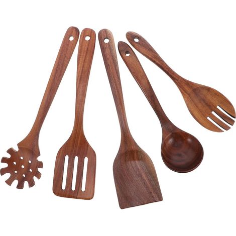 Ustensiles Cuisine Bois Cuillère Bois Spatule pour Cuisson et Service Ustensiles de Cuisine Résistants Chaleur (1/5)