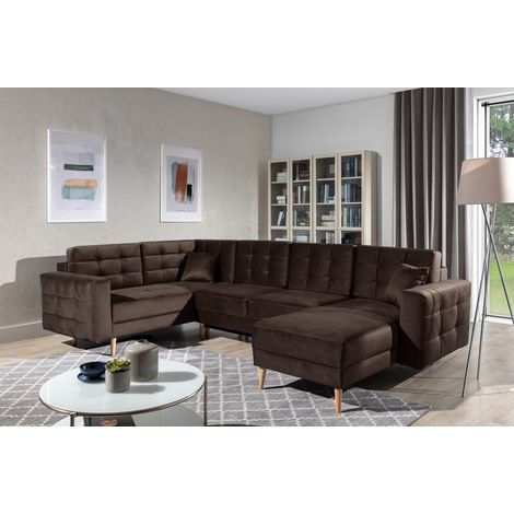 Canapé panoramique convertible 5 places en velours marron foncé – Méridienne à droite – Angle gauche – Dimensions 320x202x90 cm (1/5)