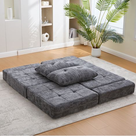 Divano letto pieghevole 79x79x57 cm grigio, con cuscini, tessuto ciniglia, salvaspazio MEUBLIV (1/5)