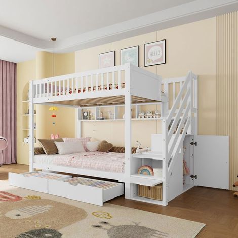 Lit superposé enfant 90x200, structure bois massif, escalier rangement sécurisé, armoire penderie intégrée (1/5)