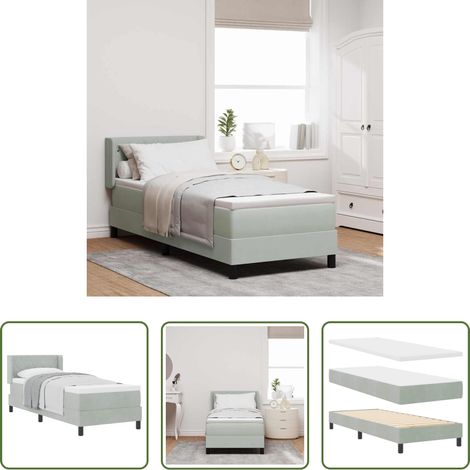 vidaXL Confort de sommeil - Lit à ressorts avec matelas Gris clair 200 x 80 cm Velours (1/5)
