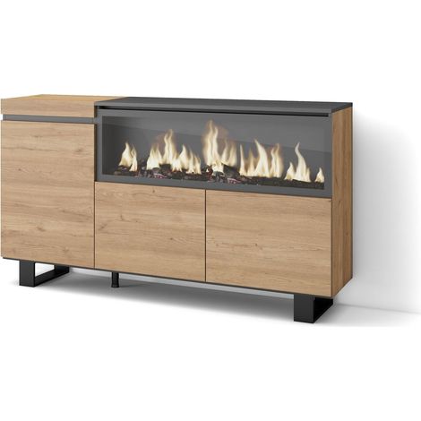 Skraut Home – Buffet salon et cuisine 158x35x87cm – 3 portes – Cheminée électrique XXL – Style industriel – Chêne et noir – Meuble de rangement (1/5)