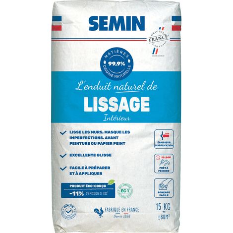 SEMIN Enduit de Lissage Intérieur 15 kg - Enduit de Finition pour Murs et Plafonds - Préparation Avant Peinture et Papier Peint - Ponçage Facile - 99,9% d'Origine Naturelle (1/5)