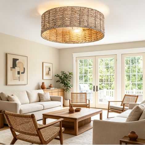Plafoniera ventilatore 50x50x20 cm in rattan naturale con doppio comando - MEUBLIV (1/5)