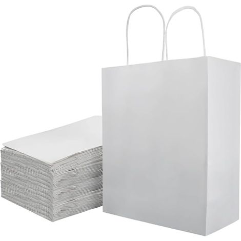 Packung mit 50 braunen Papiertüten mit Henkel - Geschenktüten - Kraftpapier mit Kordelzug - 21 x 11 x 27 cm - Kraftpapiertüte für Geburtstage, Hochzeiten, Weihnachten und Partys (weiß) (1/5)