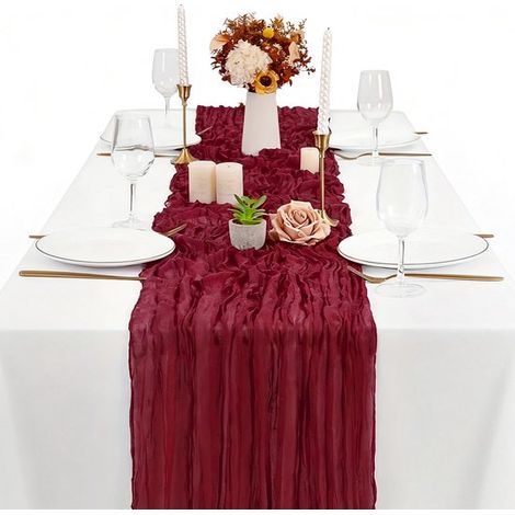 Tovaglia in rete per matrimoni, feste, baby shower, addii al nubilato e come decorazione da tavola. Rosso bordeaux, 90 x 180 cm. (1/5)