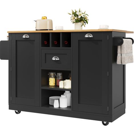 Îlot de cuisine,desserte de salle à manger avec plan de travail,buffet effet bois,porte-serviettes latéral,casier à vin,sur roulettes,noir