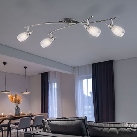 Plafoniera faretto lampada soggiorno lampada sala da pranzo lampada corridoio, metallo vetro nichel cromo opaco, 4 luci E14 spot orientabili, L 90 cm