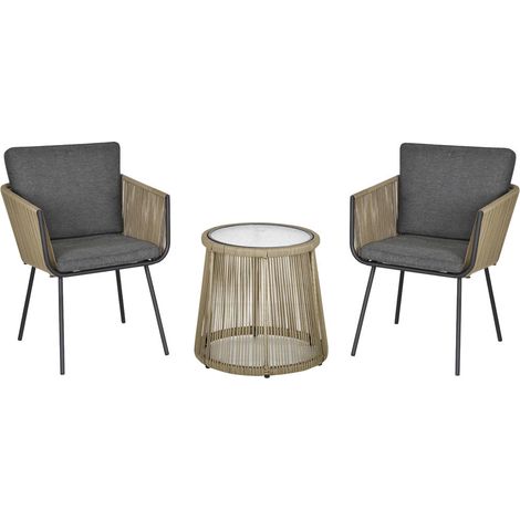 Pour un coin détente chic : salon de jardin rotin PE avec 2 fauteuils, table en verre trempé, kaki gris (1/5)