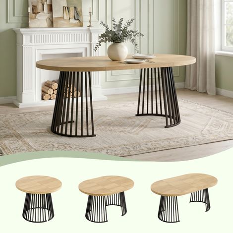 Table à manger extensible 100/138/176 x 100 cm, 4 à 8 personnes, double extension, plateau épais 3 cm, pieds métal, Noir et Chêne (1/5)
