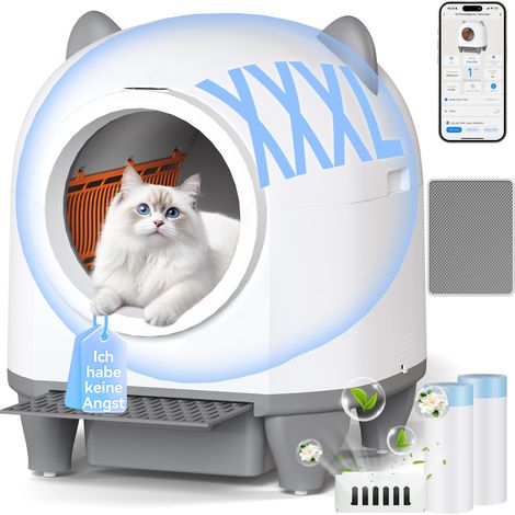 Devoko – Litière autonettoyante pour chat 90L – Bac XXL avec capteurs de sécurité 9-en-1 – Contrôle via application – Poubelle 8L et désodorisant solide