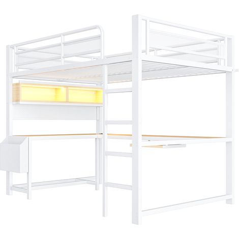 Cama alta gaming 140x200 cm con escritorio, almacenaje, LED y puertos USB blanca (1/5)