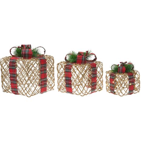 Conjunto de 3 decoraciones regalos de Navidad con lazos luces LED blancas cálidas acabado brillante para interior marrón Vandet (1/5)
