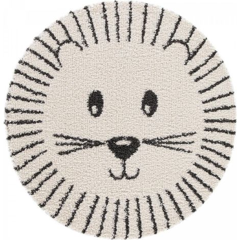 Tapis enfant tissé Ø120cm beige et noir rond motif animaux LION (1/5)