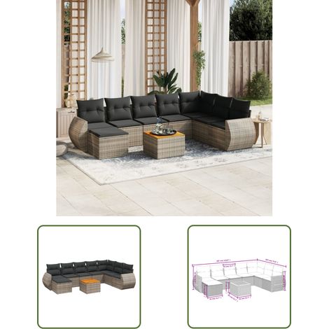 The Living Store 9-tlg. Garten-Sofagarnitur mit Kissen Grau Poly Rattan - Gartenmöbel - Esstischgarnituren - Outdoor Möbel - Lounge Set - Rattan Gartenmöbel (1/3)