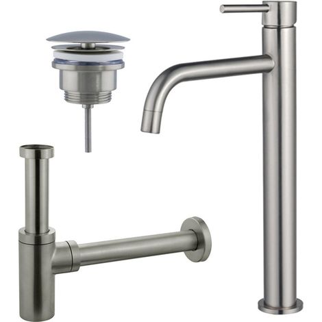 FugaFlow Eccelente Sobrado Slim Slim Kit mitigeur lavabo - robinet rehaussé - bonde nonobturable - siphon design - PVD Inox brossé (1/4)