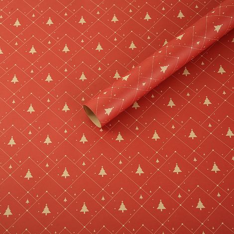 Papier cadeau kraft de Noël 75 x 50 cm, écologique, motif sapin de Noël rouge, 5 pièces (1/5)