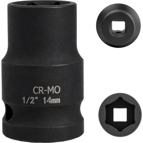 Douille à chocs 14 mm pour carré 1/2″ en acier chrome-molybdène (Cr-Mo) noir, haute résistance et durabilité