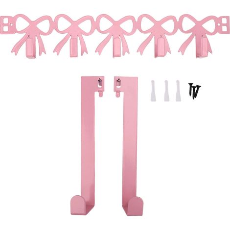 Patère de porte rose à nœud, 5 crochets, portant en métal pour ranger serviettes et chapeaux dans une chambre de fille ou une salle de bain. (1/5)