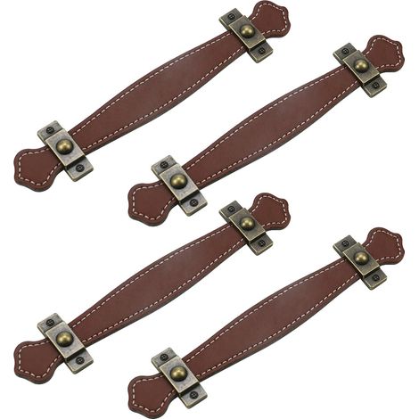 4pcs Antique Leather Drawer Pulls Brown Leather Suitcase Knobs Without Screws (1/4)