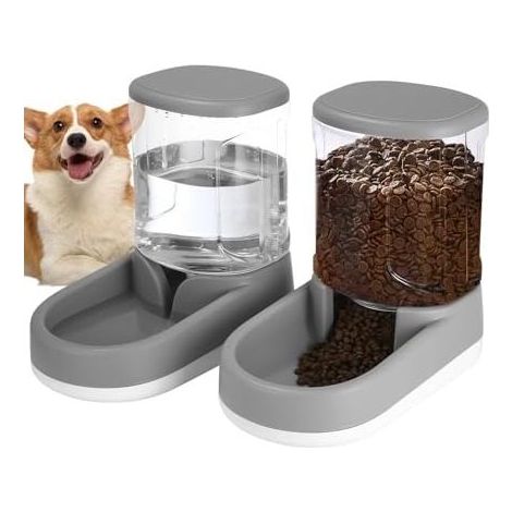 Distributeur Croquettes Chat Automatique, Distributeur Eau Chien, 2 Unités, 3.8 L, Distributeur Automatique de Nourriture et d'eau pour Chat et Chien, pour Petits et Grands Chiens, Chats (Gris) (1/5)
