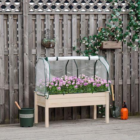 Hochbeet, aufrollbare Folienabdeckung, Naturholzrahmen, Stoffauskleidung, Drainageöffnungen, 121 x 55 x 117cm