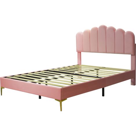 Cama tapizada doble 140 x 200 cm en terciopelo rosa con cabecero regulable y somier de láminas (1/5)