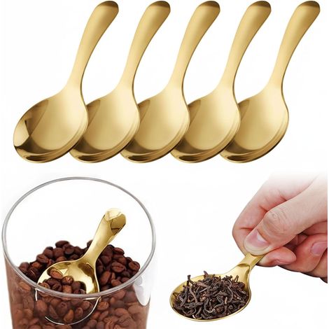 Lot de 5 Mini-pelles à Manche Court, Mini-pelles argentées pour bocaux, Petites pelles en Acier Inoxydable pour café, Bonbons, sel, Sucre, thé et Desserts (Or) (1/5)
