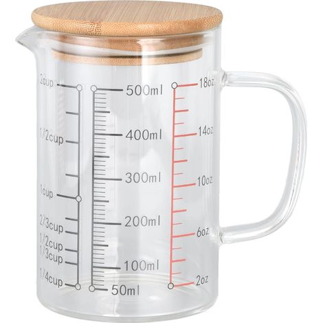 Verre Mesureur en Verre,Verre à Mesurer,verre doseur pâtisserie Avec Couvercle En Bambou Verre à Mesurer en Verre Borosilicaté avec PoignéE, va au Lave-Vaisselle/CongéLateur/Micro-Ondes(500ML) (1/5)