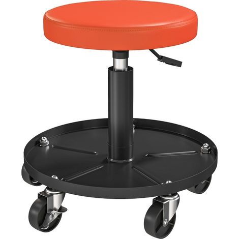 Tabouret d’atelier roulant réglable en hauteur 38-50 cm avec plateau de rangement et capacité 135 kg, siège pivotant orange (1/5)