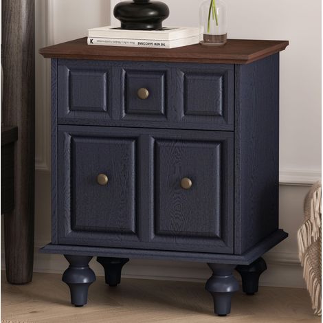 Mesita de noche de MDF azul oscuro 52x40x60.5 cm con 2 cajones, patas de pino estilo columna romana (1/5)
