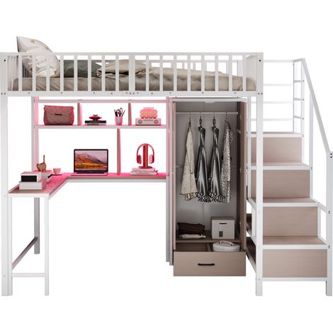 Letto A Soppalco 140 x 200 Cm Con Scrivania, Armadio, Cassetti, LED, USB E Tipo-C, Senza Materasso, In Metallo, Bianco (1/5)