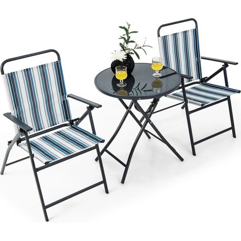 COSTWAY Salon de Jardin 3 Pièces pour Patio Cadre Métallique avec Table Basse en Verre Trempé, Ensemble de Chaises et Table Pliantes Portables pour Porche Cour, 67 x 53 x 88 cm (1/5)