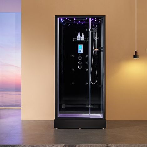 Boreal Sauna – Cabine de douche hammam 100x90 cm – Verre trempé, profilés aluminium, générateur vapeur 3 kW, ciel étoilé LED, douchette Hansgrohe (1/5)
