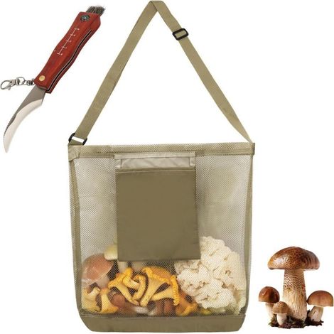 Sac De Récolte Sac Filet De Cueillette À Champignons 40x35 Cm - Avec Couteau-Éponge, Bandoulière Et Poche Extérieure - Randonnée, Camping (1/4)