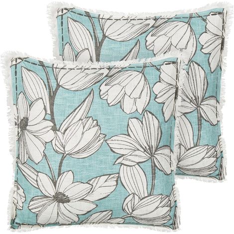 Lot de 2 Coussins Décoratifs en Coton Blanc et Bleu 45 x 45 cm à Motif de Floral Cyanotis (1/5)