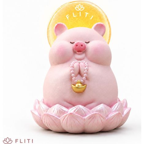 FLITI Resin Bedside Lamp Figurine, Meditating Pig Statue on Lotus Base, Warm Glow Halo, Pink Bedroom Decoration (1/5)