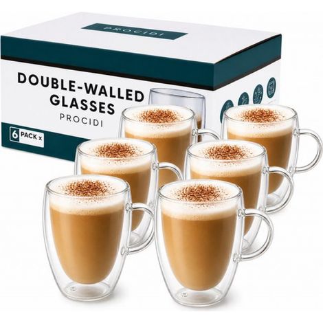 Verres à double paroi avec anse – Verres à café et à thé – 350 ml – Compatibles lave-vaisselle et faits main – Tasses à café – Lot de 6 – Tasses à cappuccino et à expresso – Verre borosilicate à doubl (1/5)