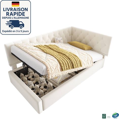 MODFU - Cama infantil canapé 90x190cm, hidráulica, sofá cama tapizado, somier de láminas, sin colchón, terciopelo, beige (1/5)