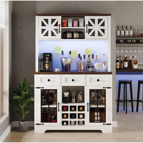REDOM - Buffet de cuisine 120x40x180 cm, éclairage LED contrôlé par application, range bouteilles, MDF et verre blanc (1/5)