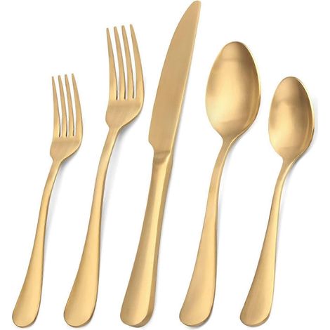 Ensemble de 5 couverts en acier inoxydable, ustensiles de cuisine, couverts, ensemble de couverts pour la maison et le restaurant, compatible lave-vaisselle (doré) (1/4)