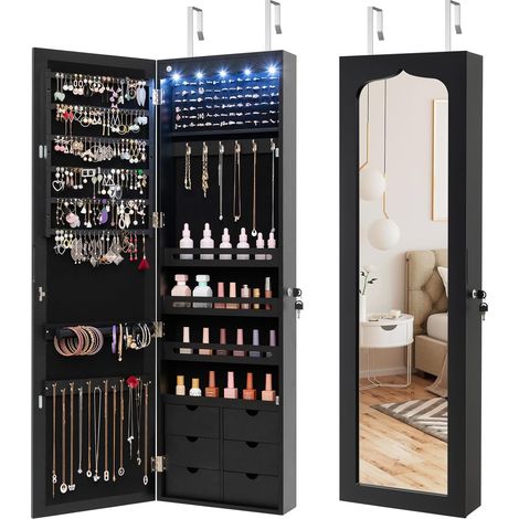 GOPLUS Armoire à Bijoux Mural avec Miroir et Lumière LED, Armoire de Rangement Mural, Accrochée à la Porte avec Serrure, Miror Porte-Bijoux (Noir, 120x36,5x11,5cm) (1/5)