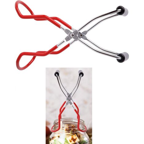 Pince à bocaux 1 pièce en acier inoxydable, avec poignée anti-brûlure, pour soulever bocaux, conserves, bols et assiettes chauds, rouge (1/5)