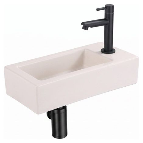 QeramiQ Fuente Lavabo pour WC - 38x18.5x9 cm - ceramique - trou de robinet de Lavabo pour WC a droite - robinet de Lavabo pour WC noir mat - siphon (1/5)