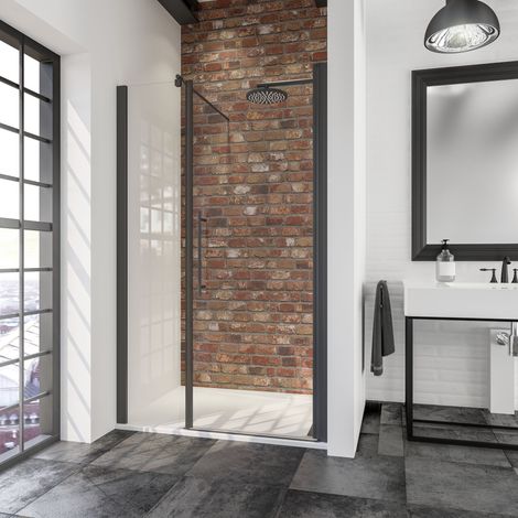 Porte de douche battante, verre 5 mm transparent anticalcaire, profilé noir, style industriel, Schulte, 120 cm (1/3)