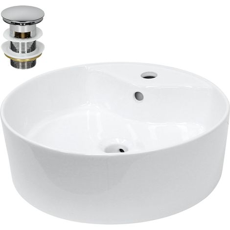 ECD Germany Lavabo Cerámico Redondo con Agujero Conexión Estandar - Blanco - Lavamanos Sobre Encimera - 460 x 460 x 155 mm - Diseño Moderno - Fregadero con Juego de Desagüe - Realza cada Baño o Aseo (1/5)