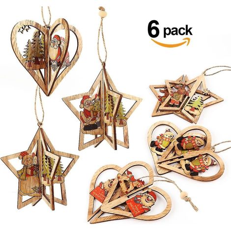 Lot de 6 décorations de sapin de Noël 3D, pendentifs en bois faits main, Père Noël (1/3)