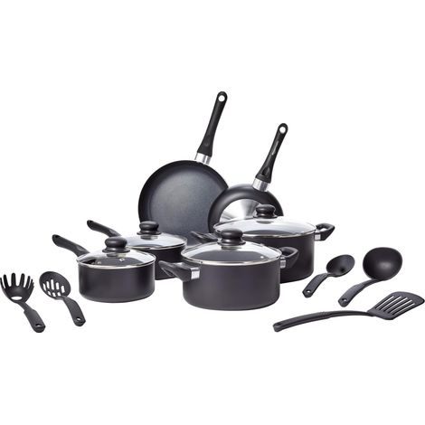 Batterie de cuisine antiadhésive en céramique 15 pièces, casseroles, poêles et ustensiles, noir (1/5)