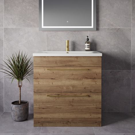 Napoli 460 Tobacco Oak 800mm 2 Drawer Vanity Unit with Glide Basin - 800mm - Brushed Brass 480mm Handle